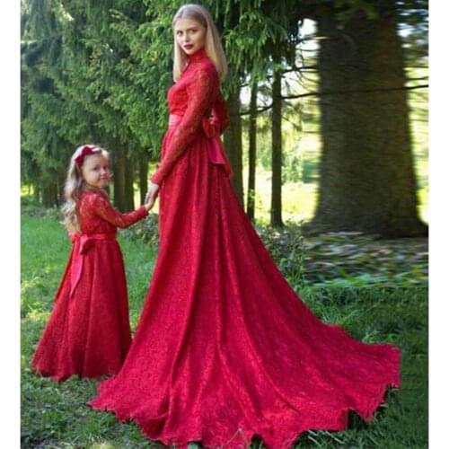 Lace Red A Line Mother and Daughter Dresses Bow High Collar Long Sweep Flower Girlrincess Party Birthday Gowns comunion dress