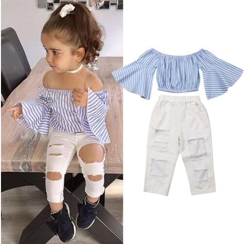 Summer 2PCS Kids Baby Girls Clothes Sets Flare Sleeve Striped Tops T Shirt+Frayed Pants Clothes Outfits 1-6Y