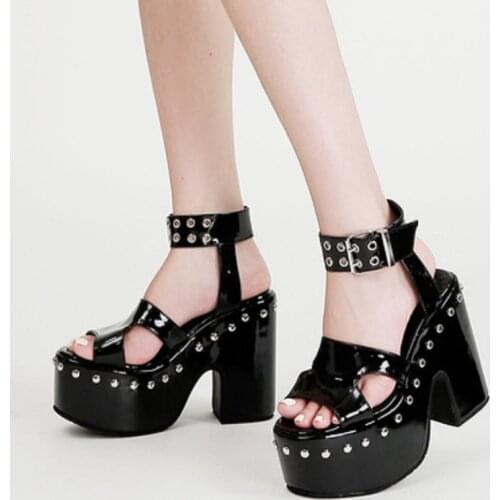 Summer New Style Buckle Patent Leather Black Sexy Rivets Europe And The United States 14 Cm Ladies Sandals Waterproof Platform