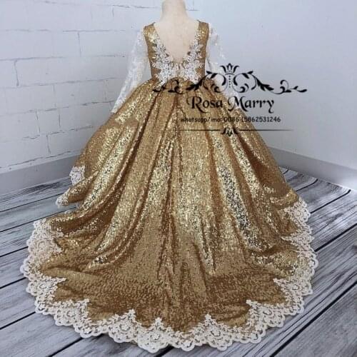 Cute Gold Sequined Cupcake Pageant Girl Dresses Ball Gown Crystal Vintage Lace Flower Girls Brithday First Communion Party Gowns