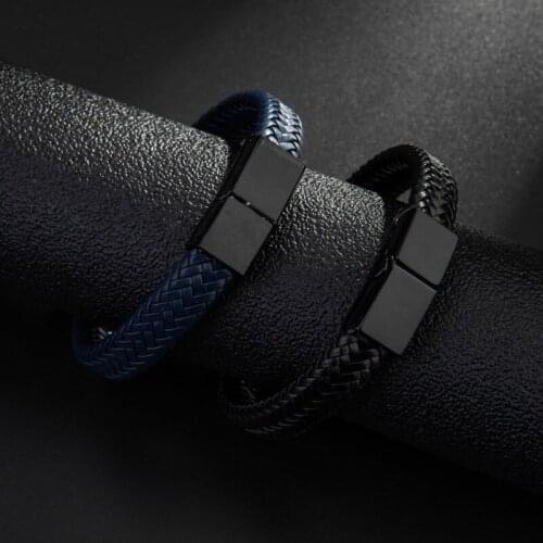 Mens Fashion Leather Bracelet Handmade Weave Magnetic Button Bangle Bracelet Black/Blue Punk Hip Hop Jewelry Party Gifts