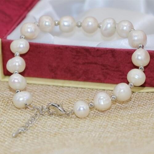Charms strand bracelets 9-10mm natural white freshwater cultured thread nearround pearl beads women unique jewelry 7.5inch B3114