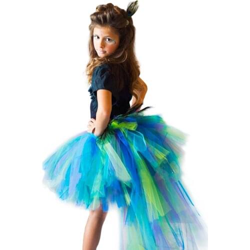 Peacock Feathers Girls Tutu Skirt Trailing Tulle Baby Girl Tutu Skirt Fluffy Kids Skirts For Girls Party Halloween Costume 1-14Y