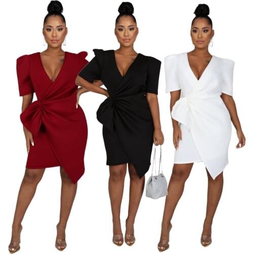 Sexy Elegant Chic Women Dress Fashion Irregular Bag-hip Pleated Dress Puff Sleeve V-neck Skinny Mini Dress Office Lady 3 Colors