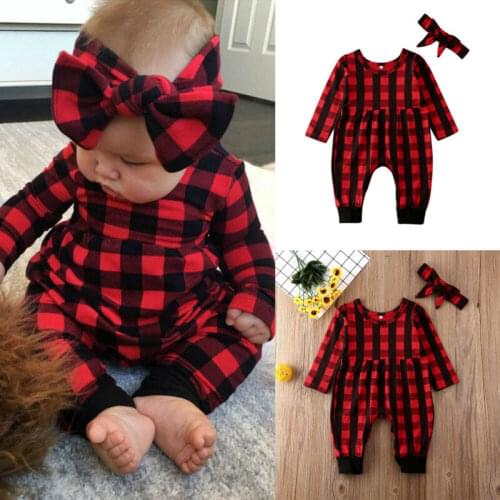 Pudcoco 2020 Newborn Baby Girls Plaid Romper Bodysuit Jumpsuit Headband Outfits Clothes