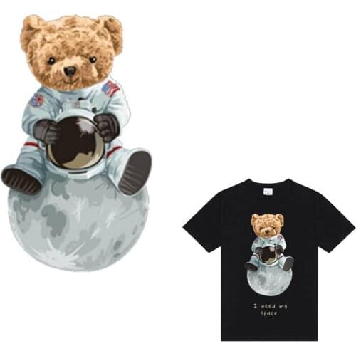 DIY Cartoon Space bear Heat transfer Moon stickers Iron on transfers On Clothes Patches Diy Applique T-shirt Thermal Transfer