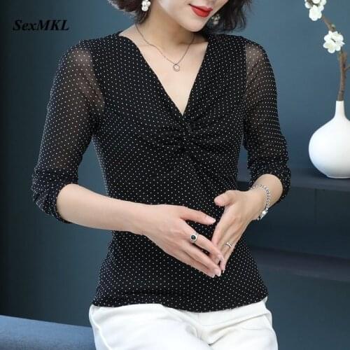 V Neck Polka Dot Blouse Women 2020 Fashion Elegant Long Sleeve Black Tops and Blouses Office Ladies Sexy Casual Shirts Plus Size