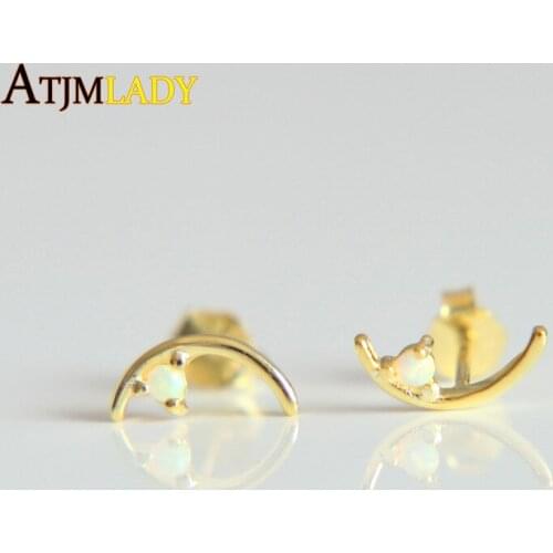Jewelry Factory Promotion christmas gift white fire opal stone 100% 925 sterling silver moon stud dainty silver tiny earring