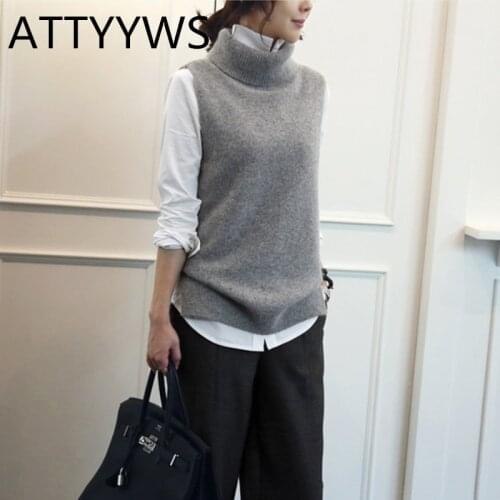 ATTYYWS Womens knitted cashmere wool high neck vest pullover womens wool sweater sleeveless vest new fashion wild Conventional