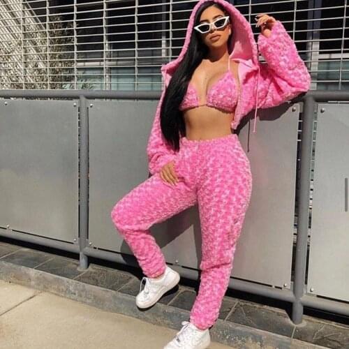 Winter Streetwear 3 Piece Sets Women Clothing Sets Zipper Hoodies Jackets + Bra + Pants Sweat Suits Women Matching Sets Outfits