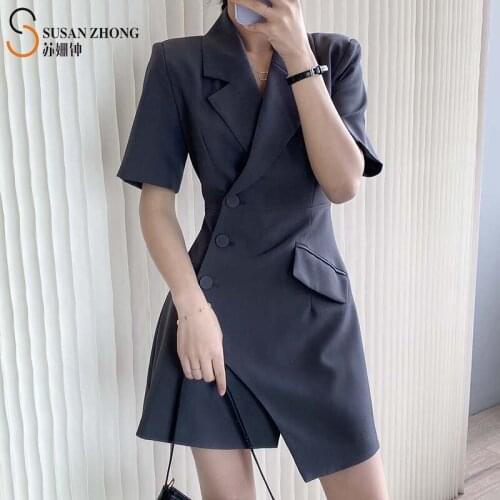 Women Summer Blazer Dress Short Sleeve Female Suit One-Piece Mini Notched Collar Single Breasted Unique Designer Pocket S-Line