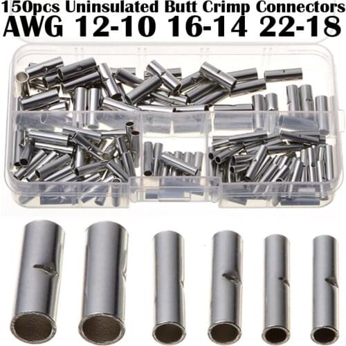 150pcs 22-10AWG Wire Ferrule Cable Uninsulated Crimp Rolled Terminals Kit Naked Butt Connectors
