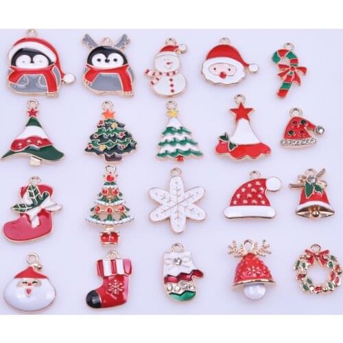 20pcs Mix Christmas Series Enamel Charms For Jewelry Making Supplies Cute Penguin Santa Claus Pendant DIY Accessories Rhinestone