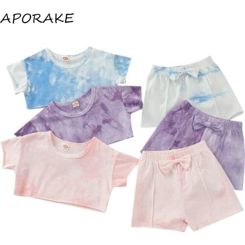 2021 0-5Y Cute Kid Baby Girls Tie Dye Clothing Cropped Short Sleeves T-shirt Top+Elastic High Waist Shorts Casual Summer 2pcs