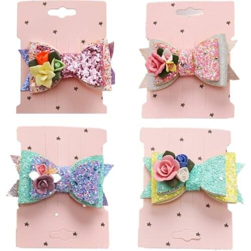 Hair Accessories Hair Bows For Girls Kids Layers Glitter Hair Clips 3'' Floral Unicorn Bowknot Hairpins