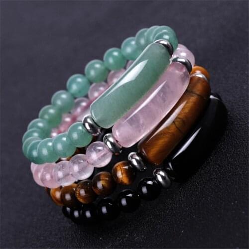 Natural Stone Strand Bracelet 8mm Reiki Healing Pink Quartz Aventurine Agates Rose Crystal Rectangle Bar Charm Beaded Bracelets