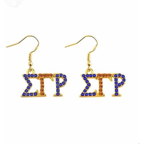 Double Nose Drop Ship Fashion Metal Blue Yellow Crystal Greek Letter Sorority Symbol Sigma Gamma Rho Earrings For Women