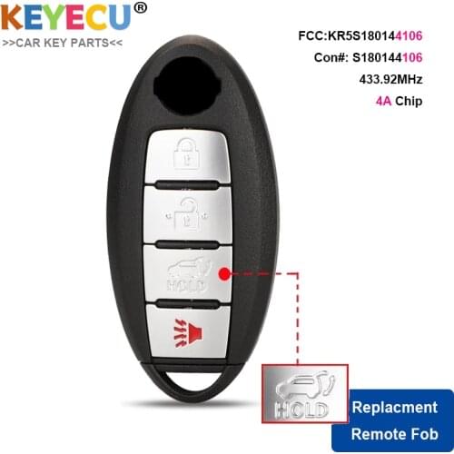KEYECU S180144106 Smart Remote Control Car Key for Nissan Rogue 2014 2015 2016 2017 2018, 4 Button - 4A Chip - KR5S180144106