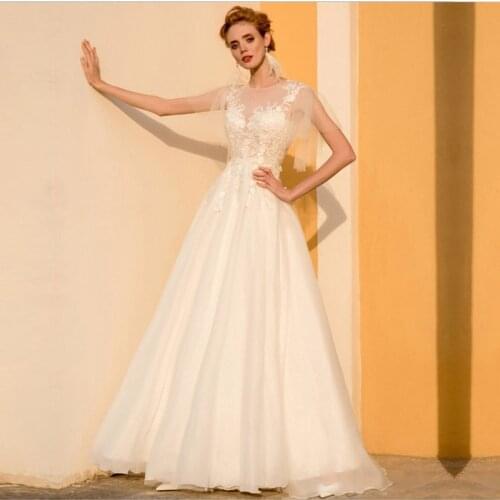 Fashion Bridal Gown Cap Sleeve Scoop Neck Applique A Line Lace Tulle Dresses For Bridal Wedding Dress 2021 Vestido De Noiva