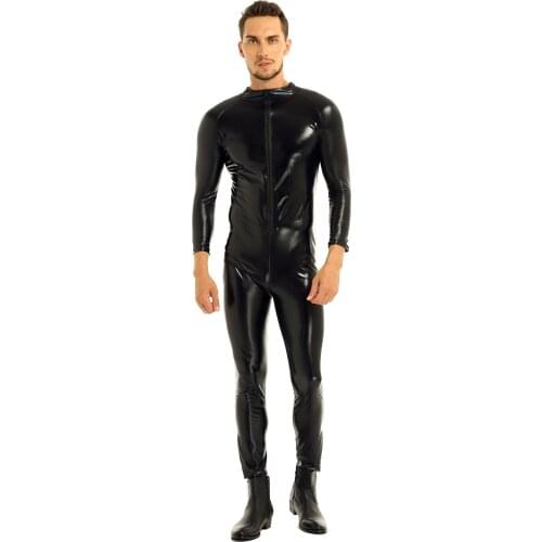 Mens Black Moto Fashion Party Costumes Sets Wetlook Front Zipper Catsuit Bodysuit Jumpsuit Jockstraps Bulge Pouch Clubwear