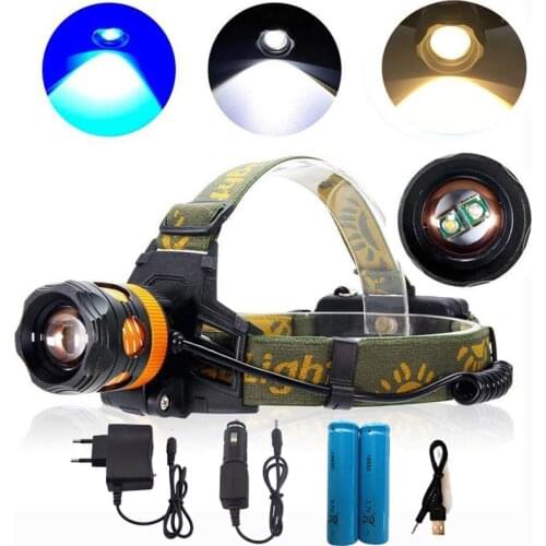 2 Leds fishing Headlamp 18650 Headlight Q5 Head Torches Lamp light frontal Flashlight yellow blue night outdoor camping lighting