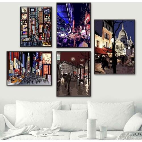 City Night View Building Street Crowd Sky Wall Art Canvas Painting Nordic Posters And Prints Wall Pictures For Living Room Decor