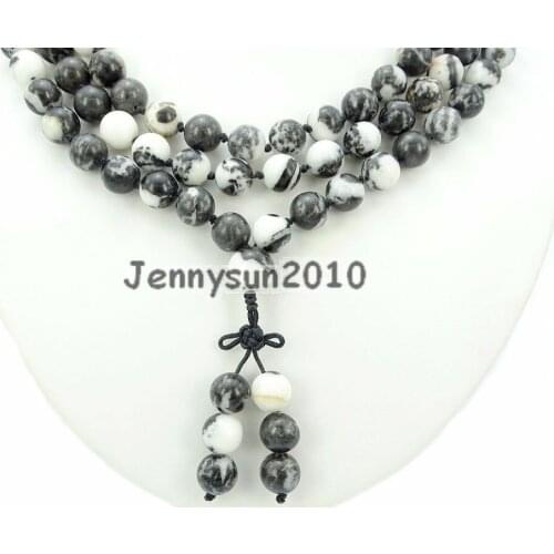 Natural Black and White Zebra 10mm Gems Stone Buddhist 108 Beads Prayer Mala Knot Necklace Multi-Purpose 5Strands/Pack