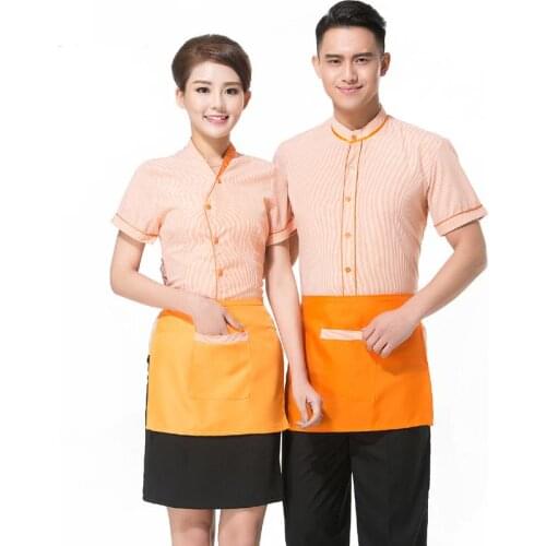 New Arrival 2017 Summer Short Sleeve Shirt Uniform and Apron Sets Cafe Nice Server Workwear Cheap Burger Shop Uniforms Wholesale