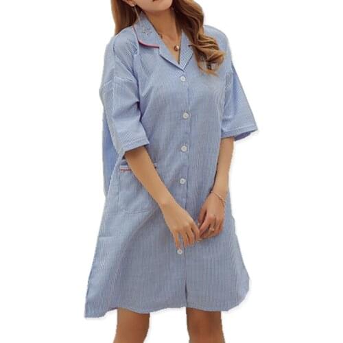 2022 New Arrivals Autumn Lovely Loose Nightgowns Home Dress Stripe Nightwear Women Sleepwear Nightgown Female AB140