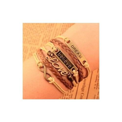 New Fashion Jewelry High Quality Handmade Women Barcelet Believe Metal Plate Decorations Charms Braided Wristband Love Bracelets