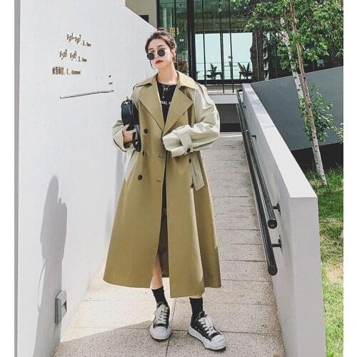 Womens Khaki Windbreaker Long Spring Autumn Korean Loose Jacket Stitching Temperament Ladies Cloak Quality Trench Coat Female