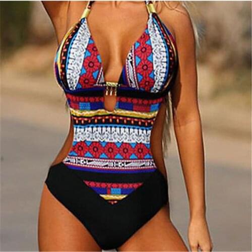 Retro Ethnic One Piece Swimsuit Women Bathing Push Up Vintage Folk-Custom Print One-Piece Swimwear For Women Beach Bathing Suit