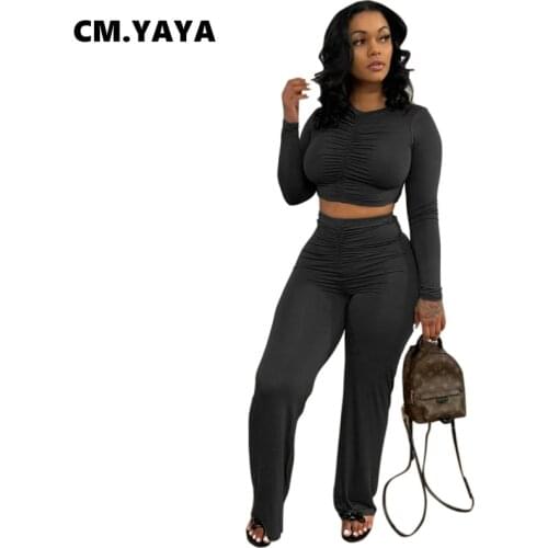 CM.YAYA Active Womens Matching Set Fashion Sweatsuit Outfits Stacked Crop Tops and Straight Pants Two Piece Set Sport Tracksuit