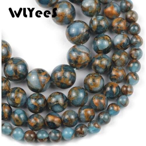 WLYeeS Nepal Natural Stone light blue gold Round Spacer Loose beads for Jewelry Bracelet Making DIY Pick Size 4 6 8 10 12MM 15