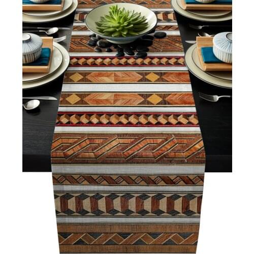 Wood Grain Retro Geometric Linen Cotton Table Runner Wedding Party Table Runners Dining Room Restaurant Tablecloth