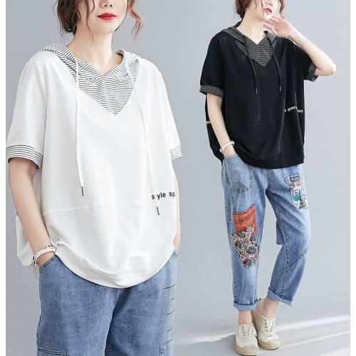 Women T-Shirt Hooded Korean Style Casual Fashion Elegant Patchwork Short Sleeve Loose Oversize Striped Printing Letter Tees Top