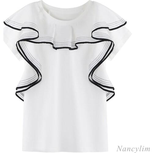 Ruffled Stitching Short Sleeve Womens Cotton T-shirt 2021 Summer Clothing New Design Girls Ladies All-Match Tops White Black