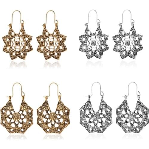 Women Antique Earring Vintage Ethnic Carved Hollow Flower Dangle Earrings Fashion Charm Statement Earring Jewelry Accessories