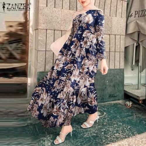 Womens Summer Sundress Elegant Ruffle Sundress ZANZEA Vintage Abaya Hijab Fashion Floral Print Long Sleeve Maxi Dresses Robe