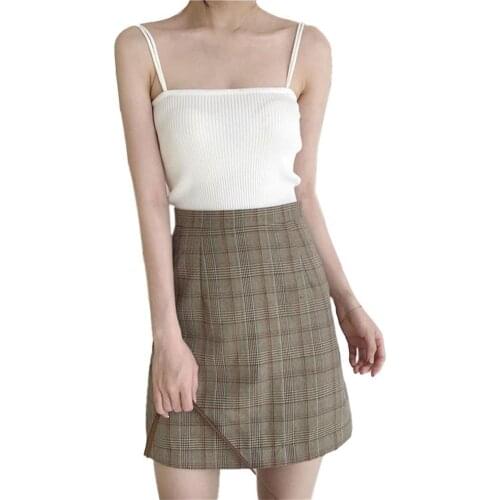 Women Square Neck Slim Elestic Sling Solid Color Knitted Vest Double Shoulder Strap Top Streetwear