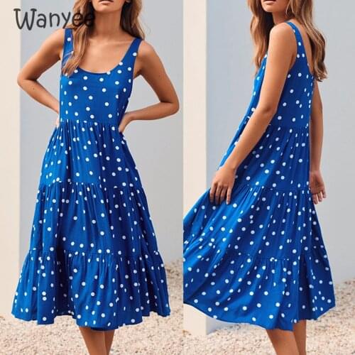Womens Bohemian Dot Print Robe Female U-Neck Dresses Wave Summer Long Dress Ladies Sexy Sleeveless Casual Female Holiday Beach