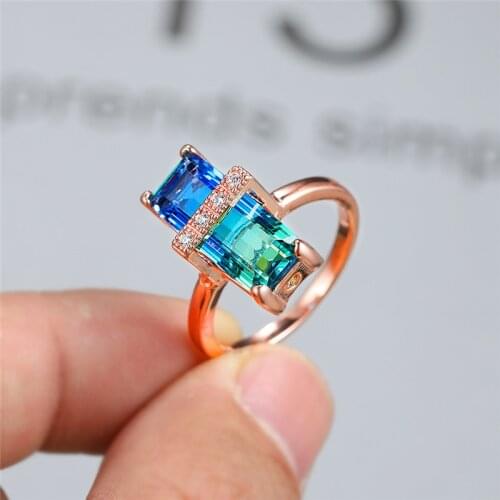 Luxury Female Rainbow Crystal Thin Ring Rose Gold Silver Color Wedding Rings For Women Charm Square Zircon Stone Engagement Ring