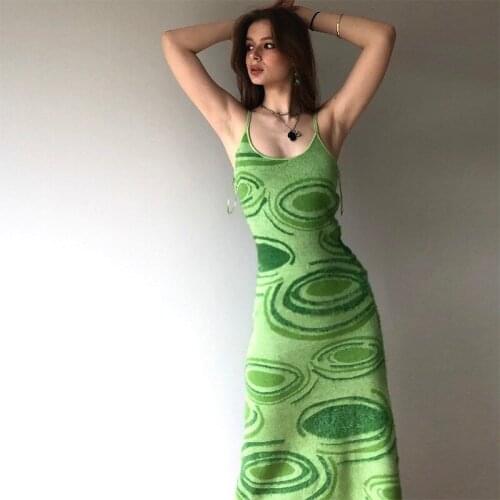 Summer Dress Women Paisley Print Knit Green Y2K Bodycon Sleeveless Spaghetti Strap Beach Party Midi Sexy Dresses 2021 Vestidos