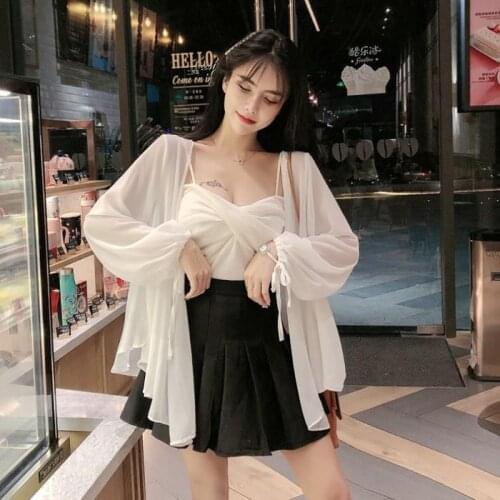 2021 Summer Women Fashion Three Piece Suits Casual Chiffon Sunscreen Tops + Vest + Short Pleated Skirts Set Set 3 Piece Set Q531