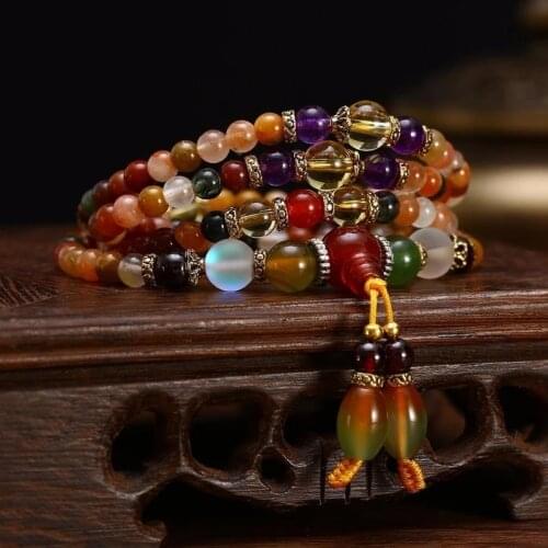 6-8mm Kaleidoscope High Vibration Quartz Mala Bracelet/Necklace Natural Colorful Crystal Quartz Beads Buddhist Necklace Bracelet