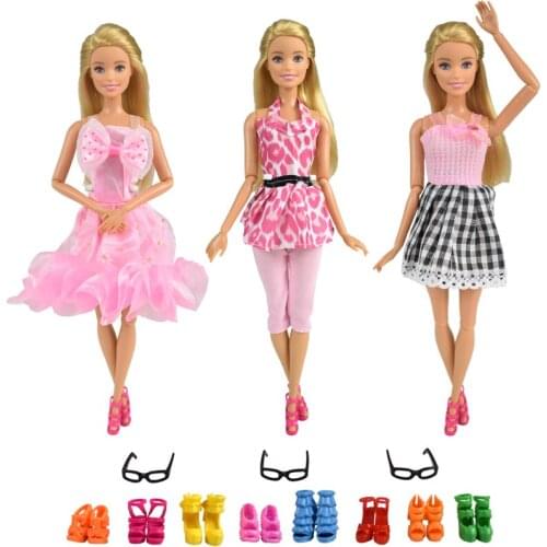9 Item/set =3 Pcs Beautiful Princess Dress + 3 Pcs Glasses + Random 3 Pairs Shoes for Doll Accessories Doll Supplies Girl Toys