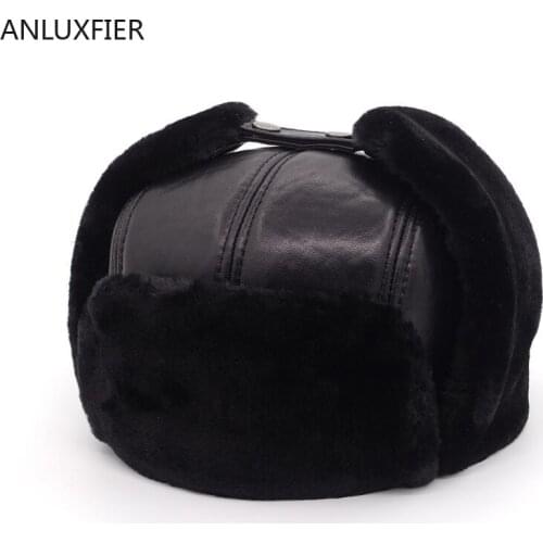 B-7138 New Arrival Leather Cap Elder Mens Winter Sheepskin Hat Father Thick Warm Ear Protection Hat Male Warm Cap New Year Gift