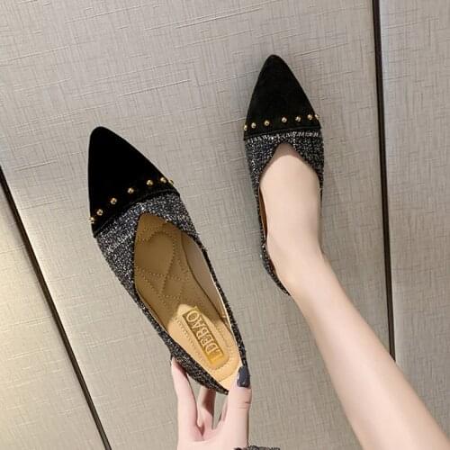 Women Flats Pointed Toe Slip on Shoes Woman Rivets Ballet Flats Plaid Boat Shoes Patckwork Loafers 2020 Spring New Style 8001G