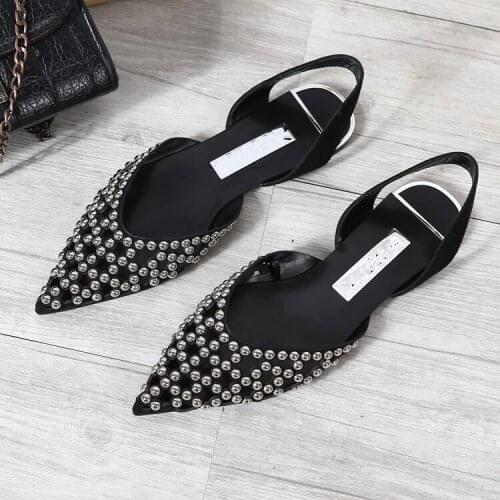 Velvet Shoes 2021 Sandals All-Match Large Size Summer Heels Suit Female Beige Suede New Pointed Studded Closed Flat Big Fashion