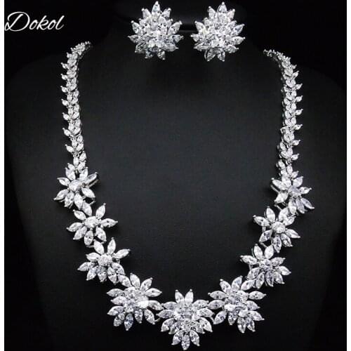 DOKOL Luxury Silver Color Wedding Jewelry Set For Brides Sparkling Zirconia Flower Cluster Necklace Sets For Women DKS0029